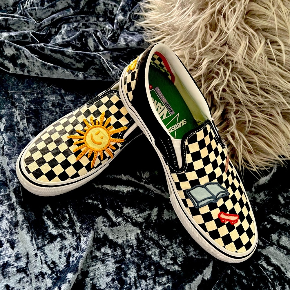 Vans Skateistan Slip-On Skate Shoe Black and White Checks with Patches Size 11.5